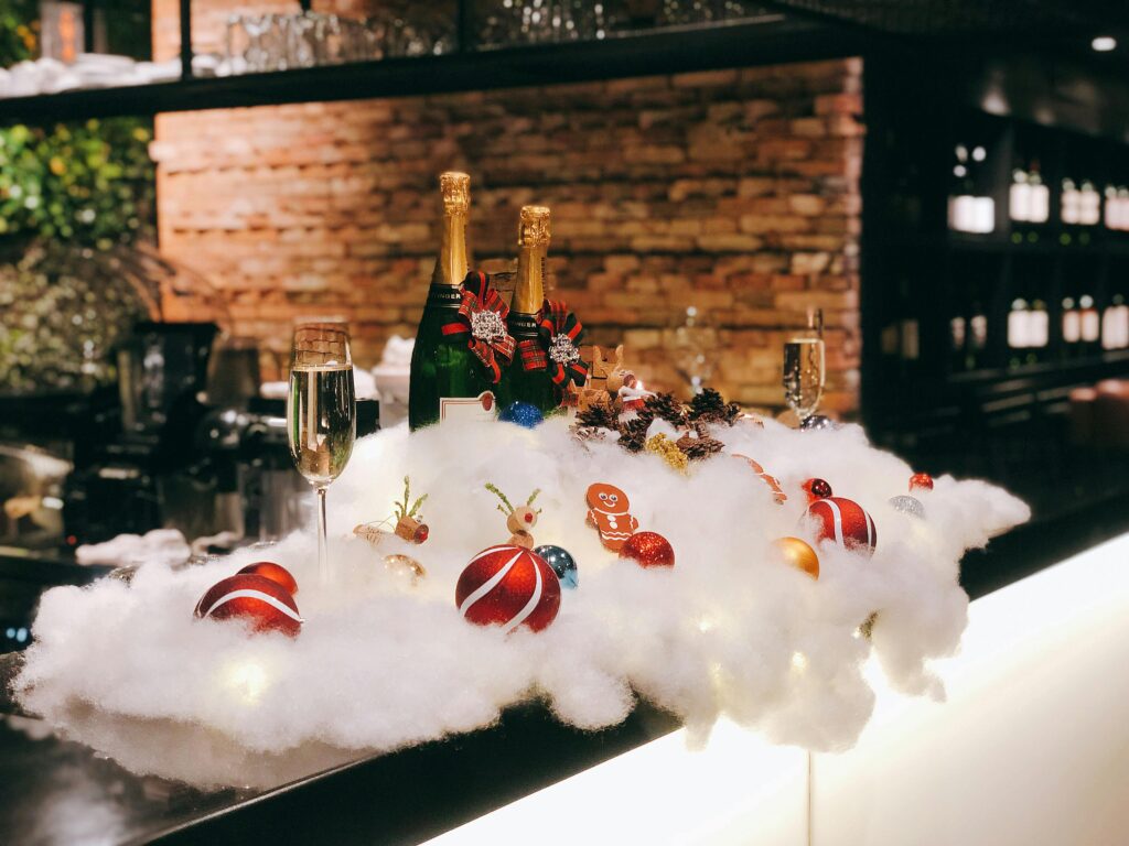 winter bar idea with cotton and bottles