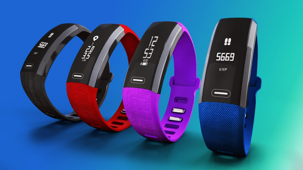 4 health tracking smart watches in black, red, purple and blue