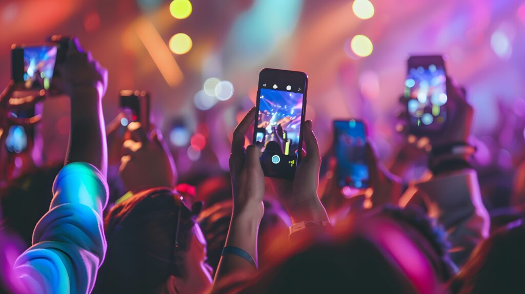 People at concert shooting video or photo using mobile phones