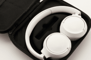 White Wireless Headphones With Black Pouch