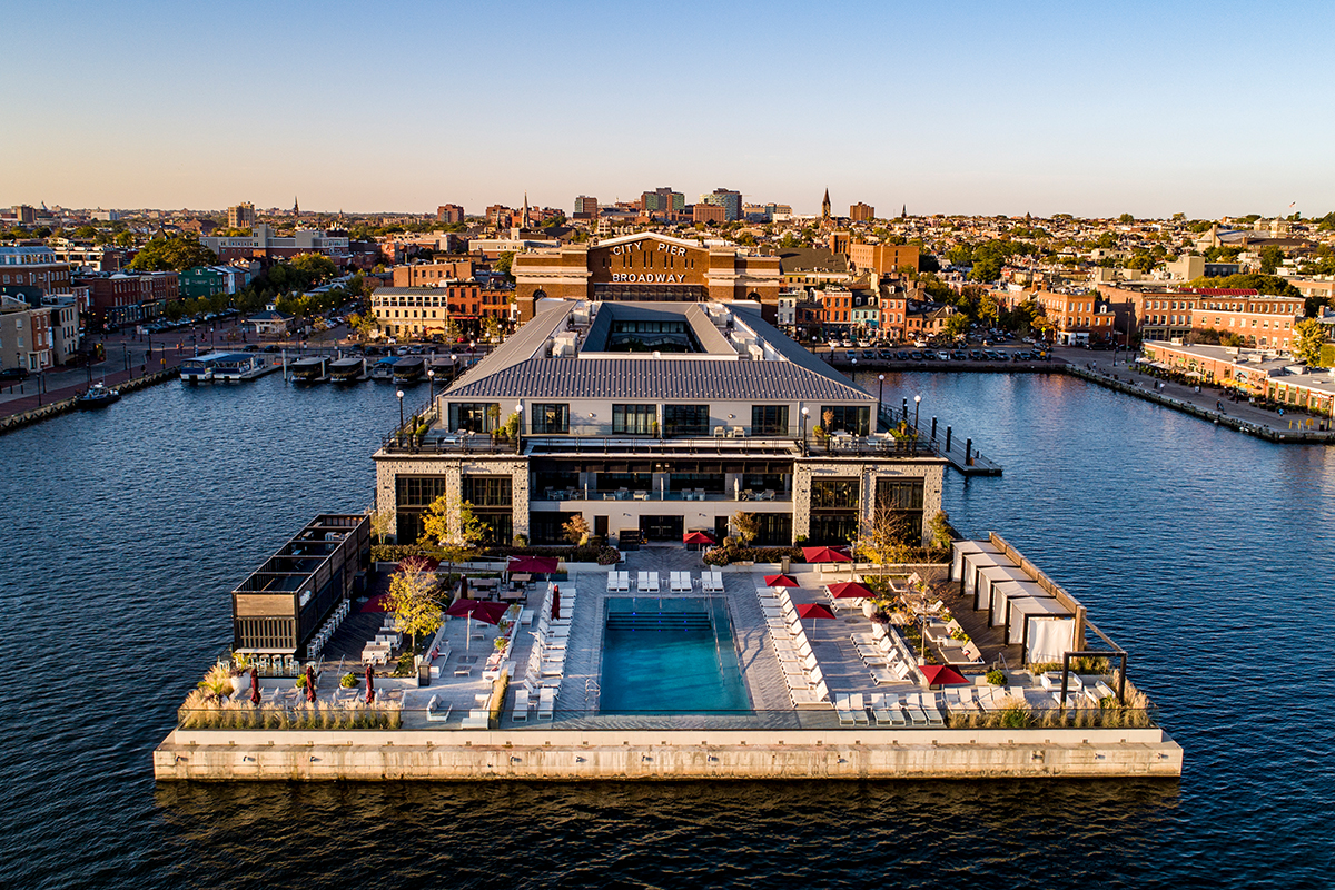 An aerial view of a luxury venue located right on the waterfront of City Pier, Baltimore, one of the country's top event destinations with affordable rates..