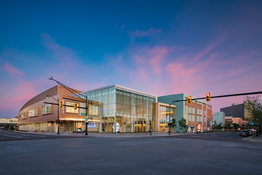 An outdoor view of the Greater Columbus Convention Center at dawn.