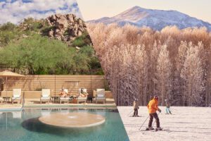 A split view alternating between a desert poolside and a mountain snowscape with skiers in Arizona, demonstrating that it's possible to have both warm temperatures and winter activities in one meeting.