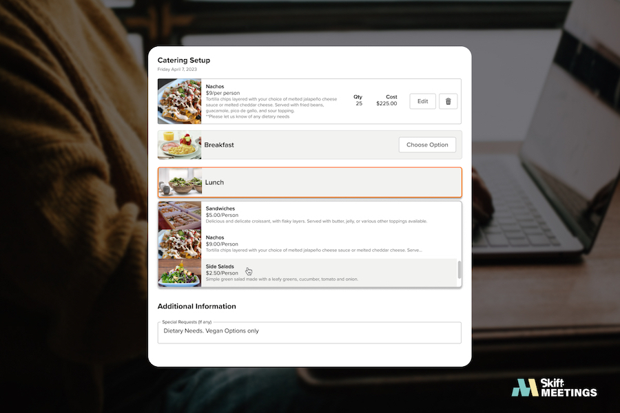 Screenshot of the Groups360 platform showing a variety of catering option for snacks, breakfast, and lunch, along with a field for additional information.