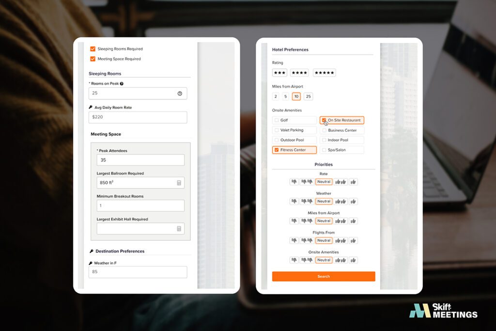Screenshots of the Groups360 platform showcasing the option to indicate if both meeting space and overnight rooms will be required, how many people will be attending, desired room price, the amount of meeting space required, preferred outdoor temperatures, and hotel preferences (rating, miles from airport, amenities) — as well as the option to rank each of these categories in terms of importance.