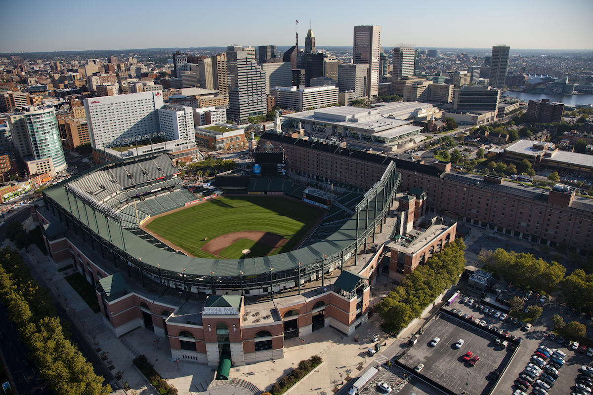 Aerial view of Baltimore with Oriole Park at Camden Yards in the foreground, one of the major venues that make Baltimore a classic sporting event host city.