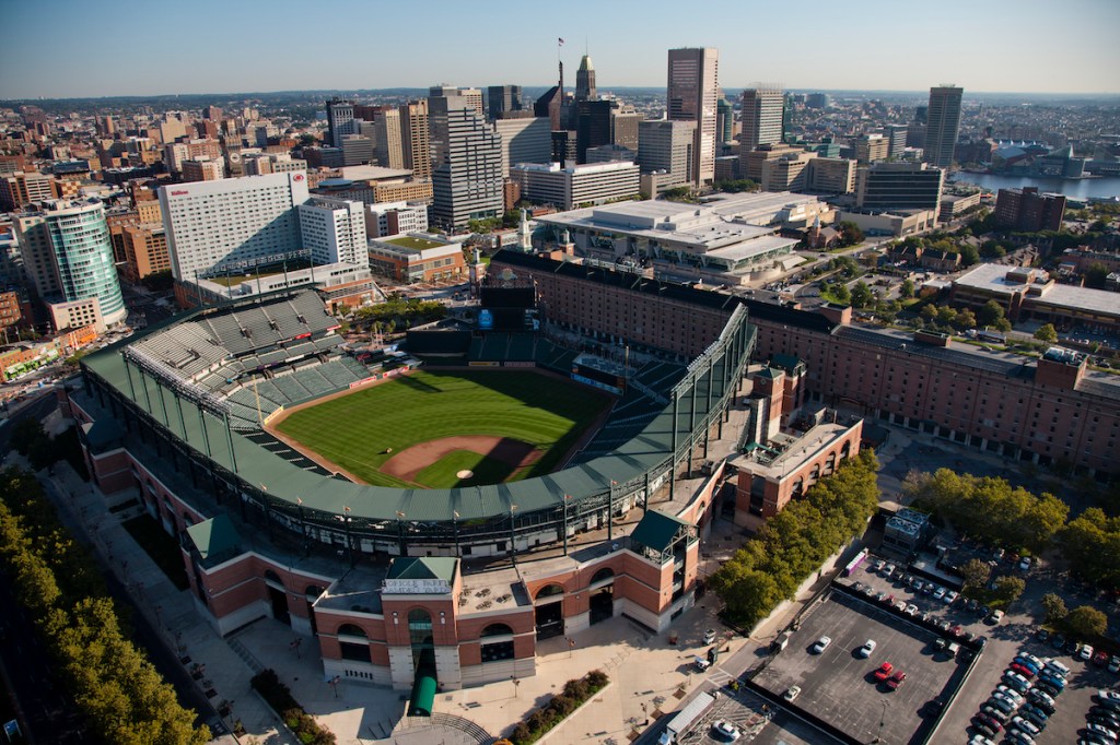 Aerial view of Baltimore with Oriole Park at Camden Yards in the foreground, one of the major venues that make Baltimore a classic sporting event host city.