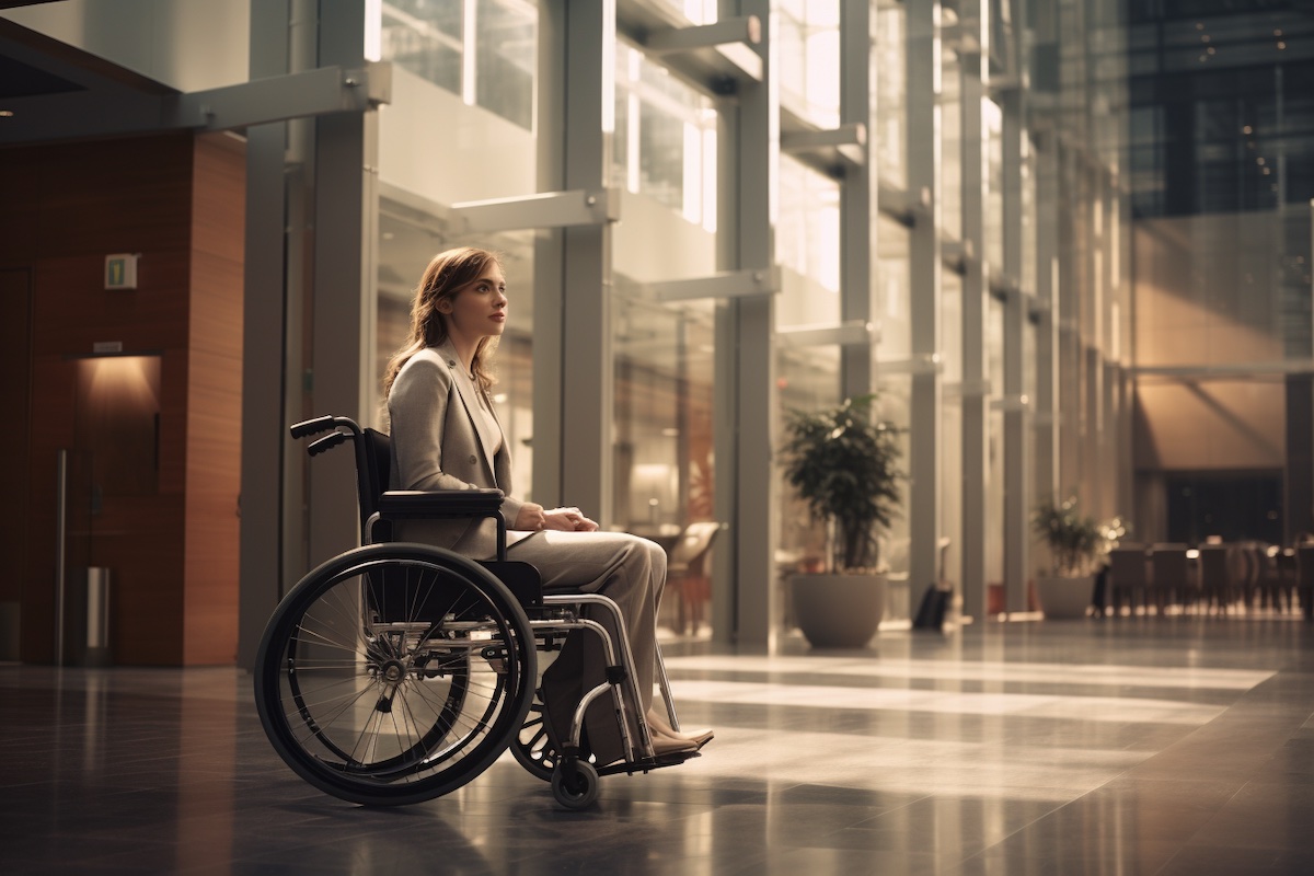 Business woman sitting in a wheelchair entering a convention center