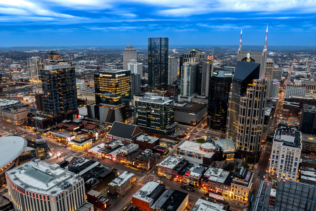 Skyline aerial view of Nashville featuring Broadway Street