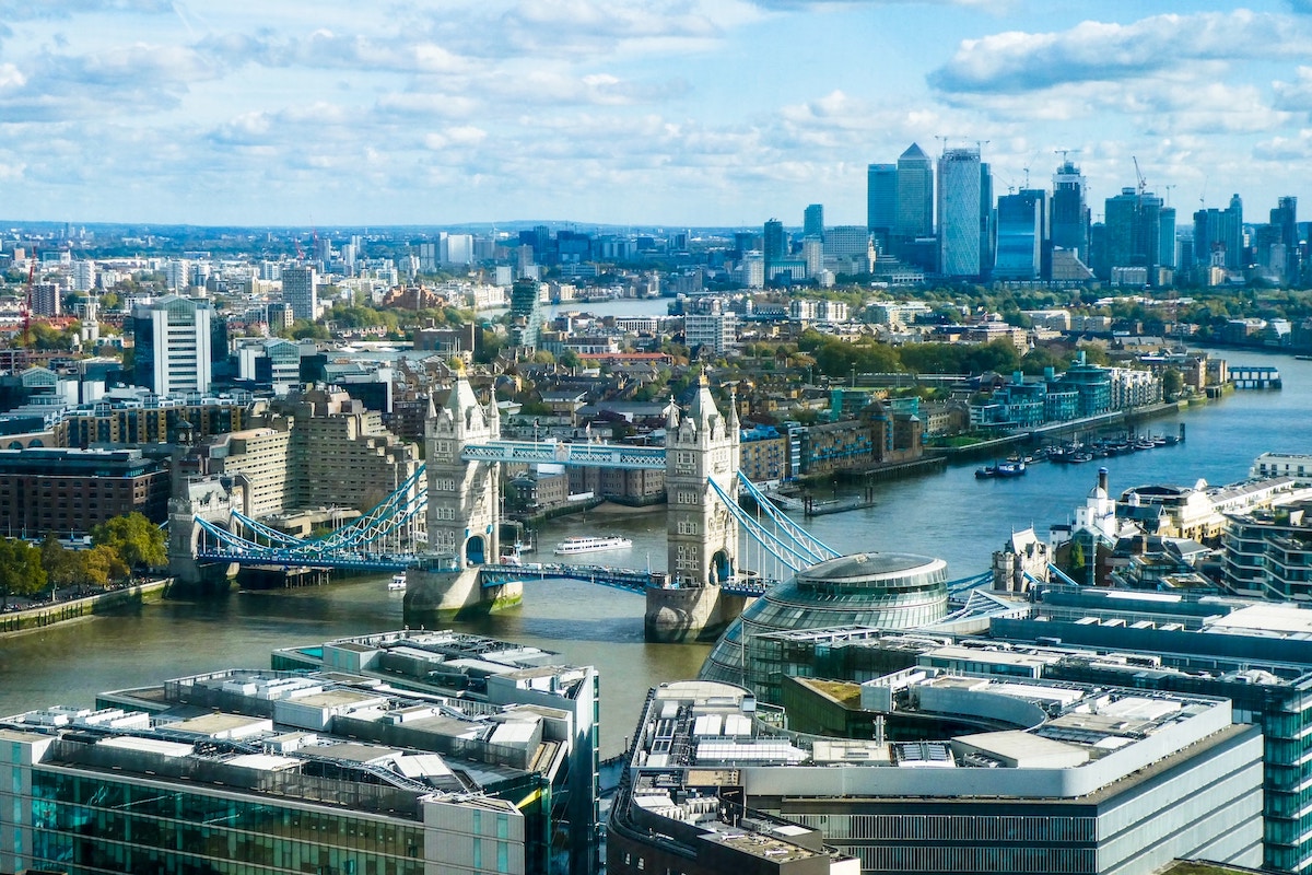 Aerial view of London, UK, focused on Tower Bridge
