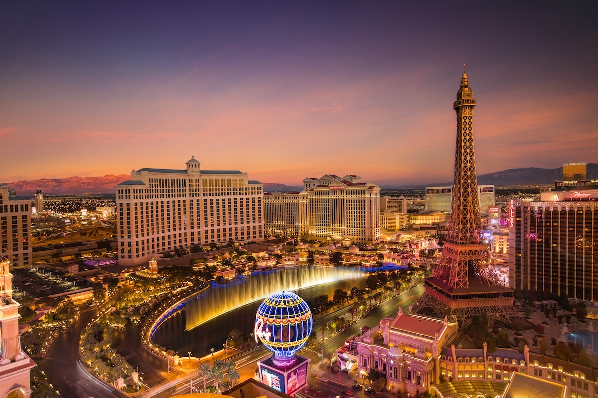 The Bellagio Fountains shows in Las Vegas at dawn.