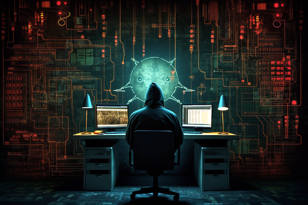 Cybersecurity - Hacker using two computer in a dark dystopian room