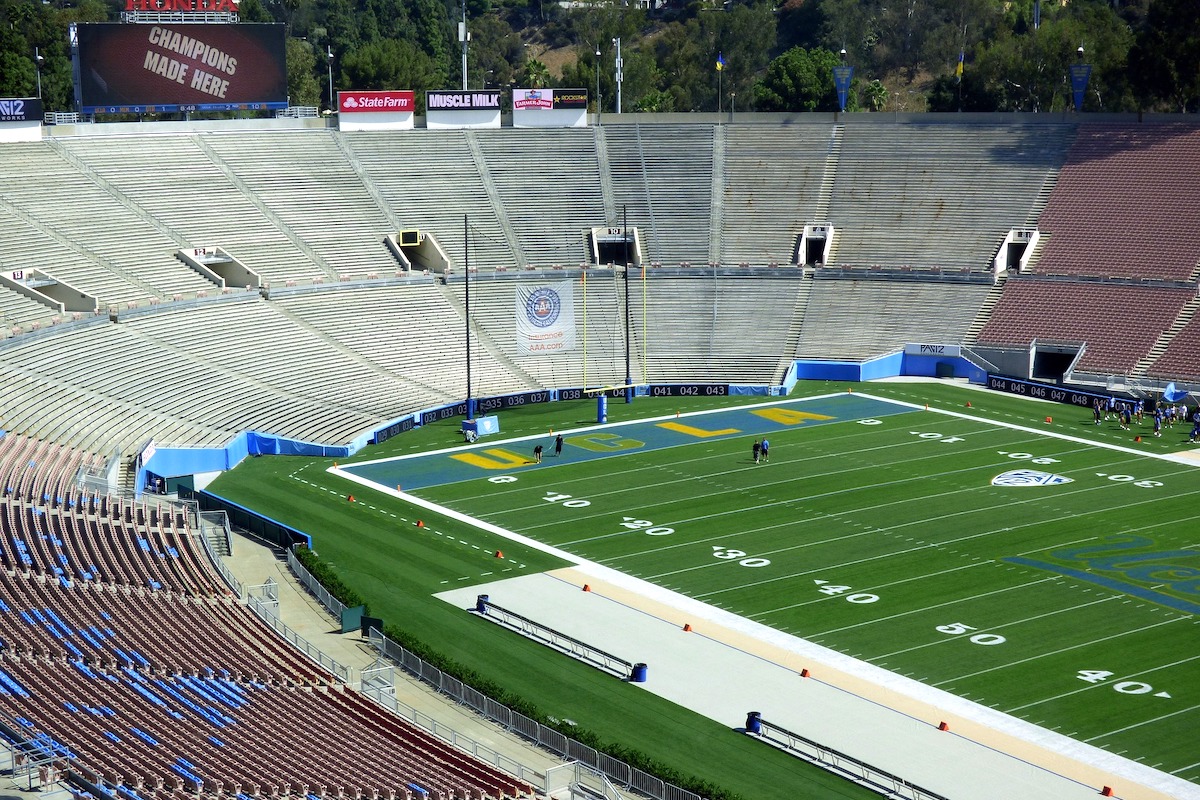 Bleachers and pitch with UCLA letter on the turf at Rose Bowl Stadium in Pasadena