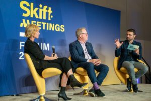 Daphne Hoppenot, CEO of The Vendry and Paul Van Deventer, CEO of MPI on stage at the Skift Meetings Forum 2023