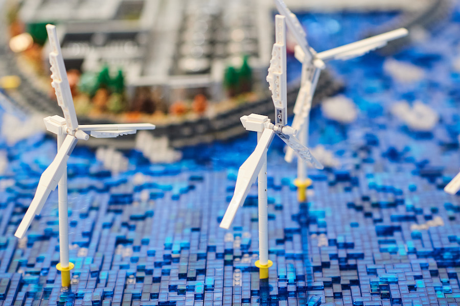 A close-up shot of a Lego model of offshore windmills, one of the event legacy projects highlighted in the Electric City case study.