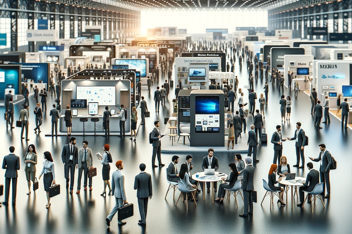 a modern trade show scene, similar to today's technology exhibitions, featuring a variety of attendees interacting and exploring current technology products