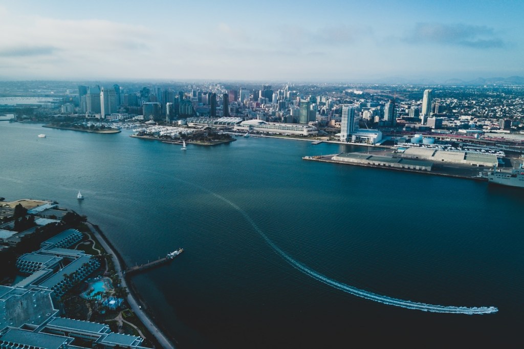 Aerial view of San Diego waterfront including the San Diego Convention Center