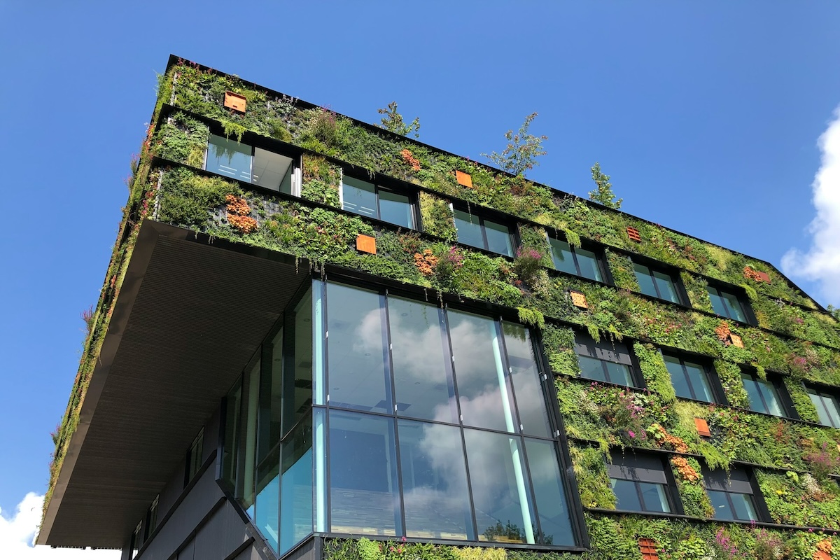 City building with plants on the outside walls