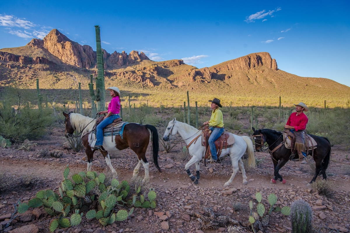 As part of a responsible outdoor activity at the White Stallion Ranch, three people ride on horseback in the Arizona desert, with a cacti and low-range mountains visible in the background.