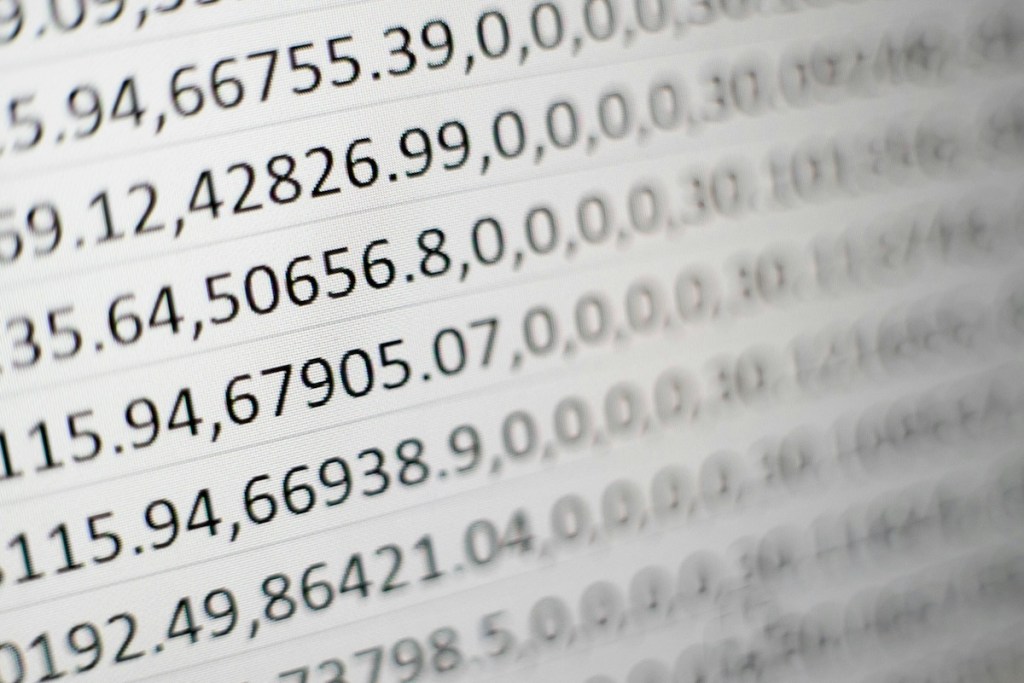 Close up of spread sheet data with long strings of numbers