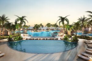 Image of a luxury swimming pool surrounded by palm trees looking out to the Caribbean sea.