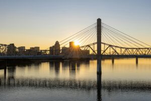 Sunset over downtown Louisville, Kentucky as seen from the Ohio River