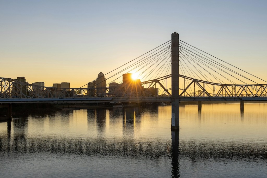 Sunset over downtown Louisville, Kentucky as seen from the Ohio River