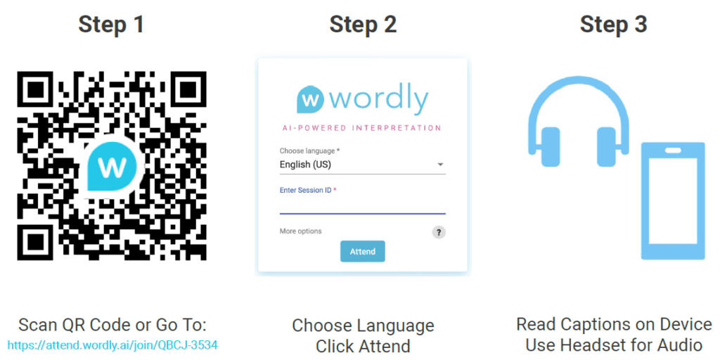 A 3-part graphic showing a QR code and link to Wordly's platform for step 1, a window for selecting the translation language in step 2, and icons for headphones and a phone screen with the instructions "Read Captions on Device Use Headset for Audio."