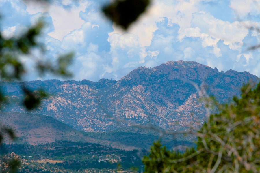 An image of Granite Mountain photographed between tree leaves.