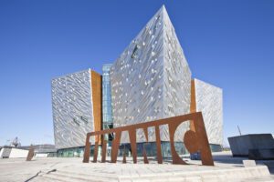 An exterior shot of Northern Ireland's Titanic Belfast museum, which is located on the original site where the Titanic was designed.