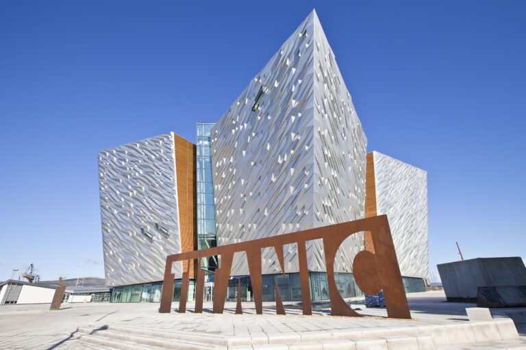 An exterior shot of Northern Ireland's Titanic Belfast museum, which is located on the original site where the Titanic was designed.