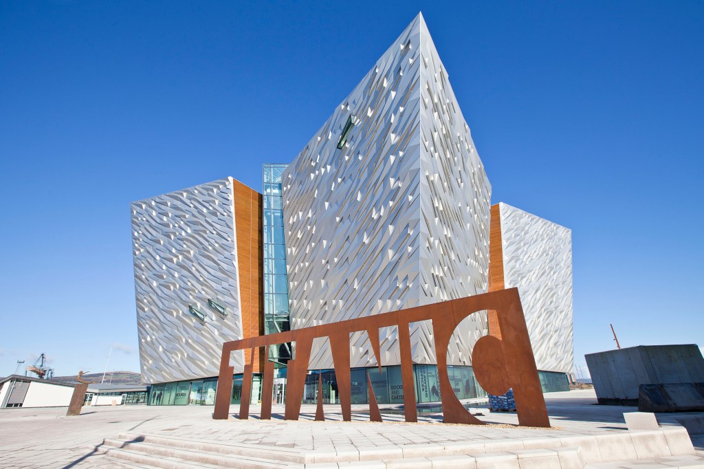 An exterior shot of Northern Ireland's Titanic Belfast museum, which is located on the original site where the Titanic was designed.