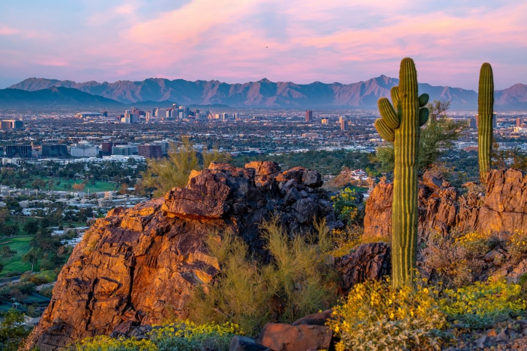 The Phoenix skyline as viewed from Piestewa Peak at sunrise.