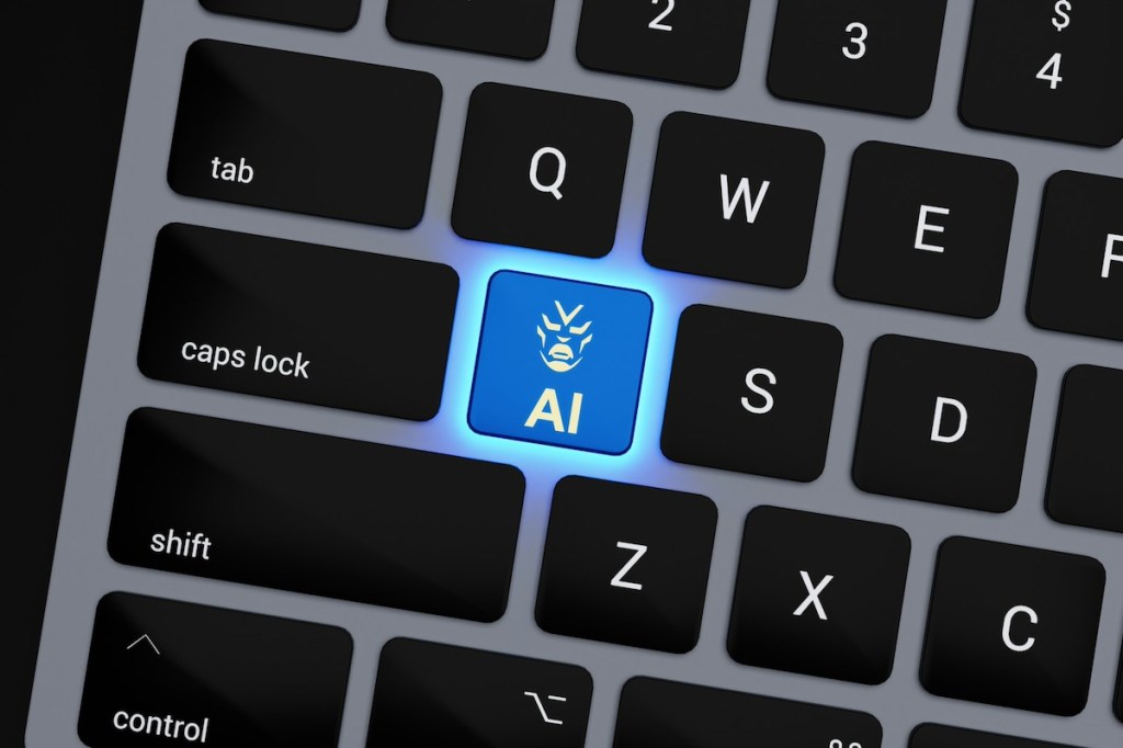 Computer keyboard with one key labeled AI with a blue neon light