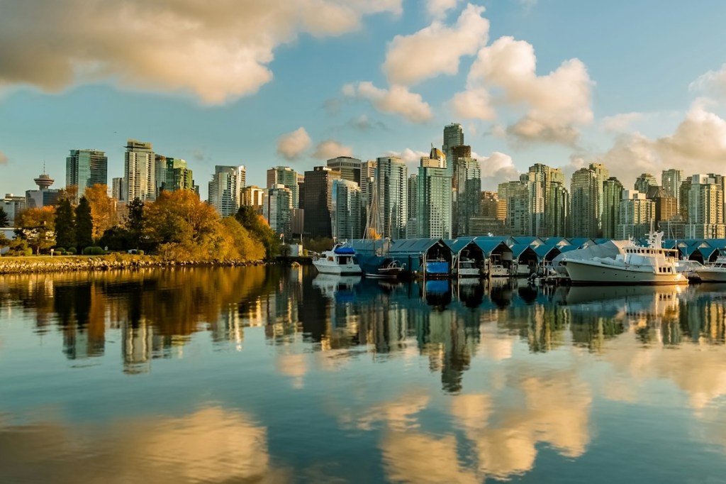 Vancouver skyline at sunset from Stanley Park