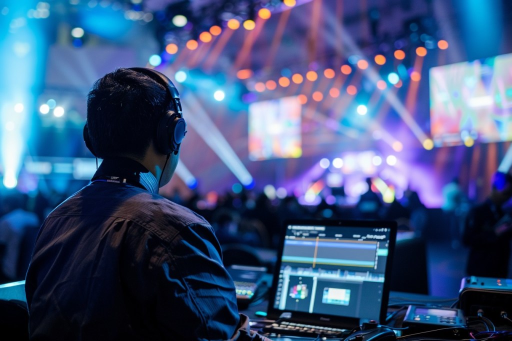 AV technician at his control station facing a stage with screens and lights.