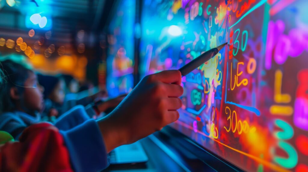 attendees writing on a digital graffiti wall at an event