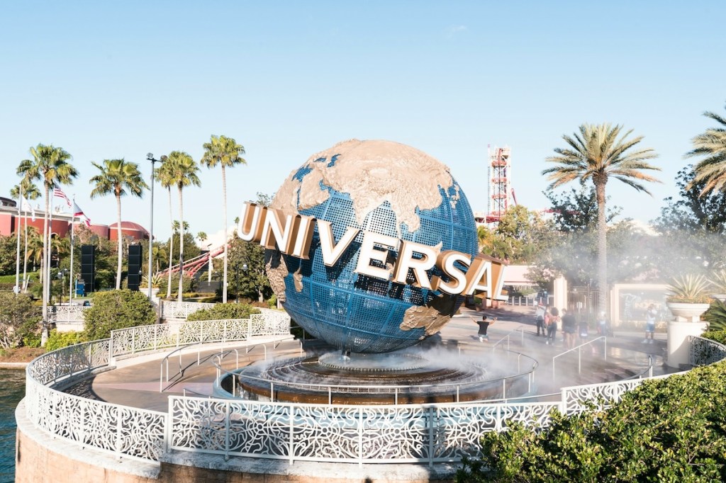 Universal Studios Plaza with globe on fountain