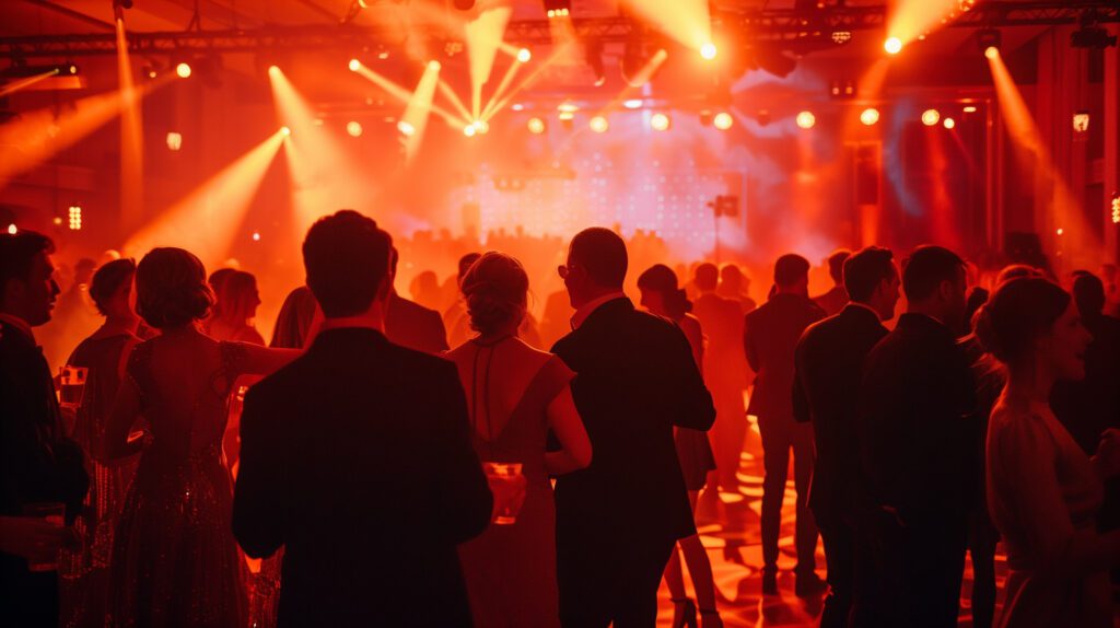 A crowd of well-dressed people spend time at a large corporate party