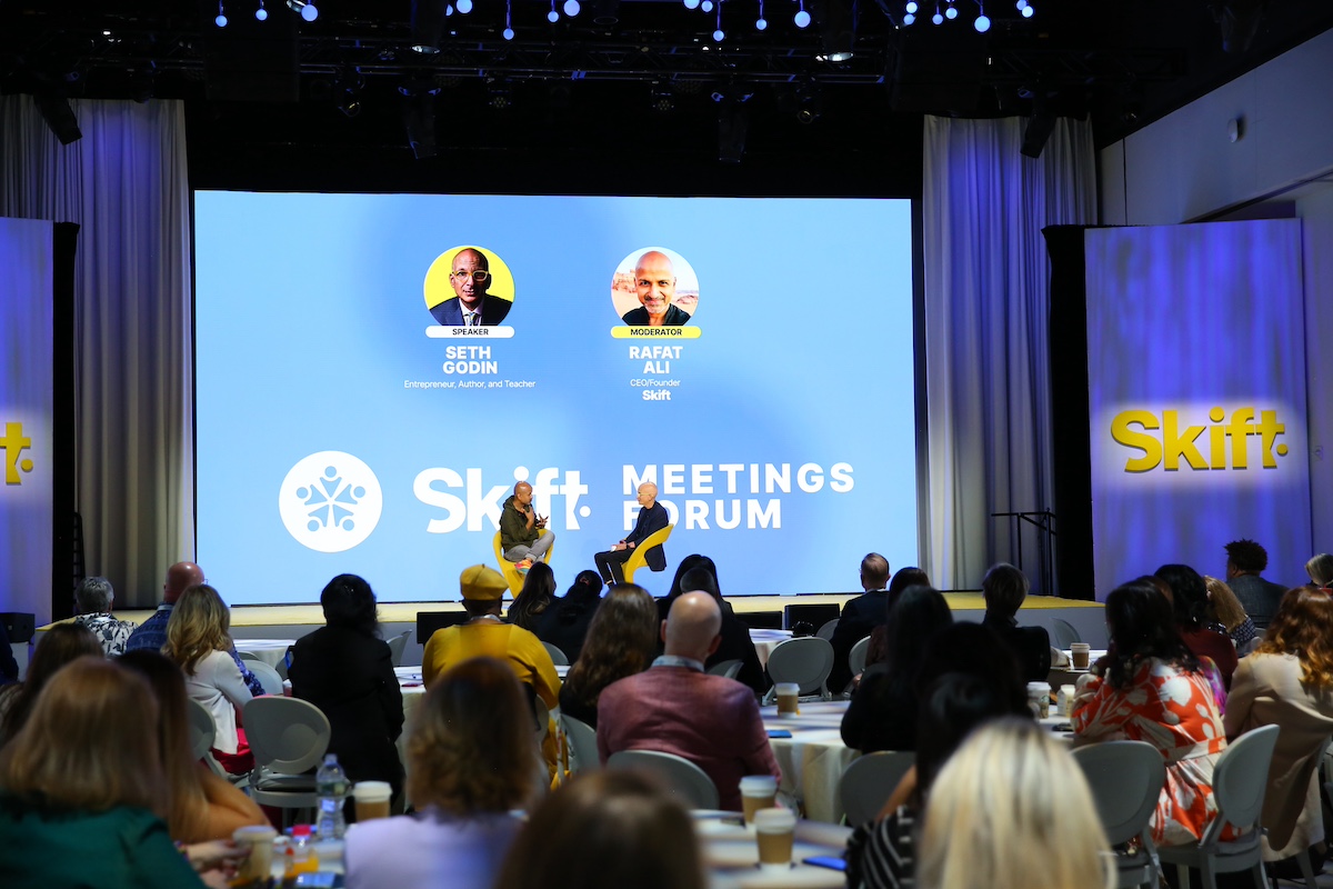 Seth Godin and Rafat Ali on stage at Skift Meetings Forum 2024