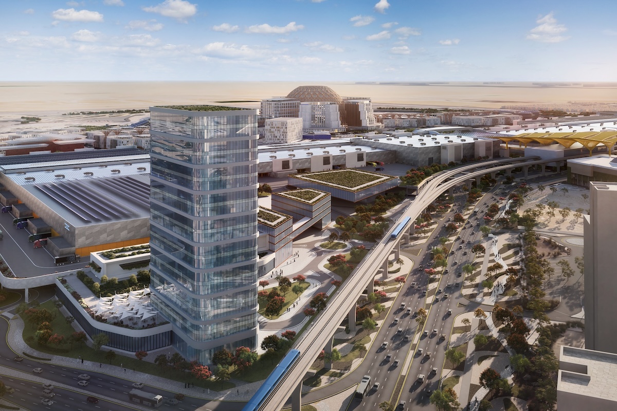 Rendering of a modern office tower block, convention center and large roads with a desert in the background