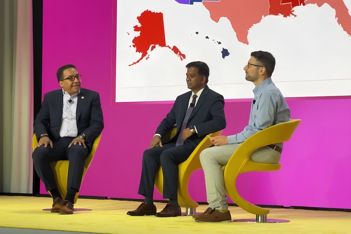 Michael Dominguez, CEO of Associated Luxury Hotels International (ALHI) and Senthil Gopinath, CEO of the International Congress and Convention Association (ICCA) on stage at Skift Meetings Forum with Skift Meetings Editor-in-Chief Miguel Neves