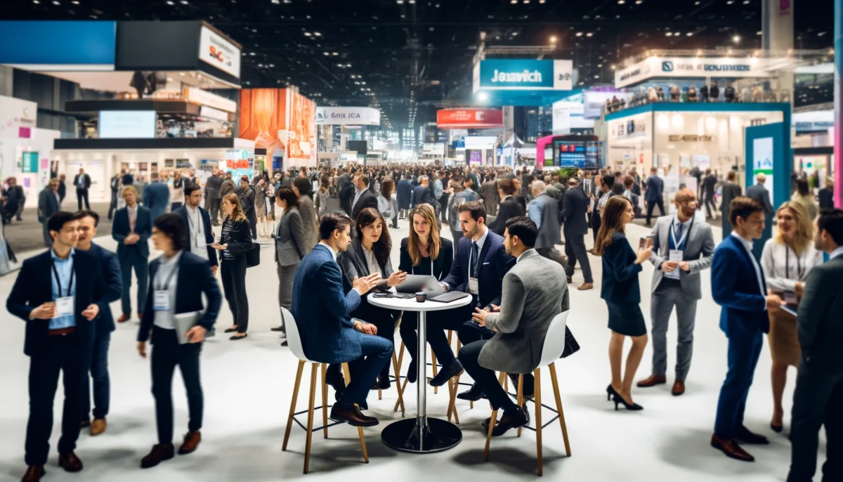 A bustling trade show floor