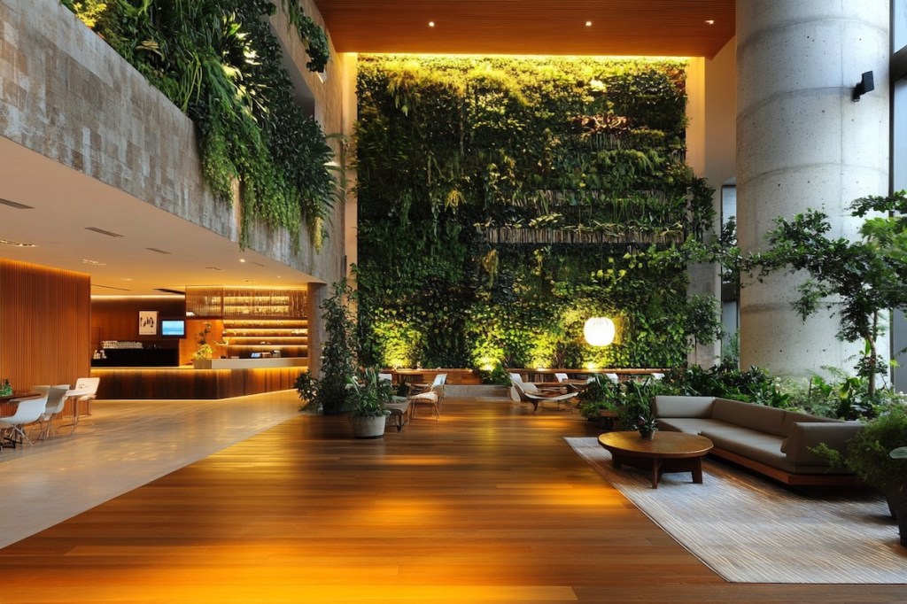 Lobby of a modern and upscale hotel with many plants, low lighting and comfortable seating