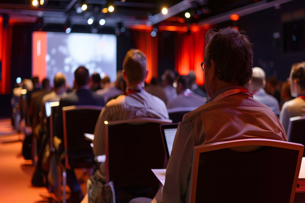 A focused audience attending an interactive conference, with bright lights and a presentation screen visible in the background.