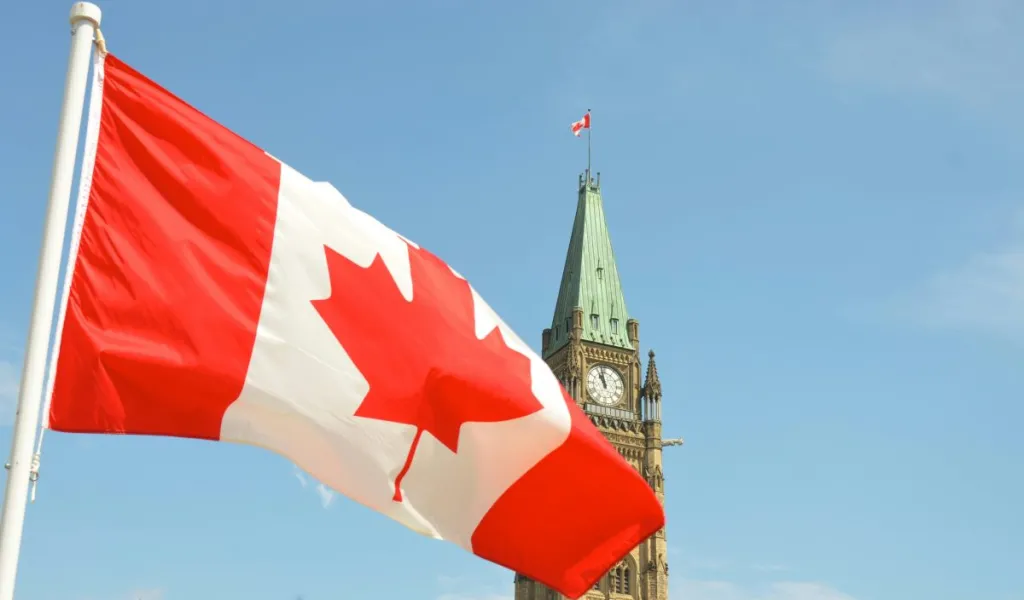 Canadian flag in front of Parliament Building