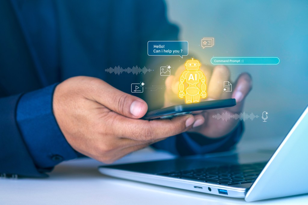AI agent, holographic robot assistant concept, digital interface showing generative AI functions for digital business productivity, AI agent work with holographic robot interface and assistant tools