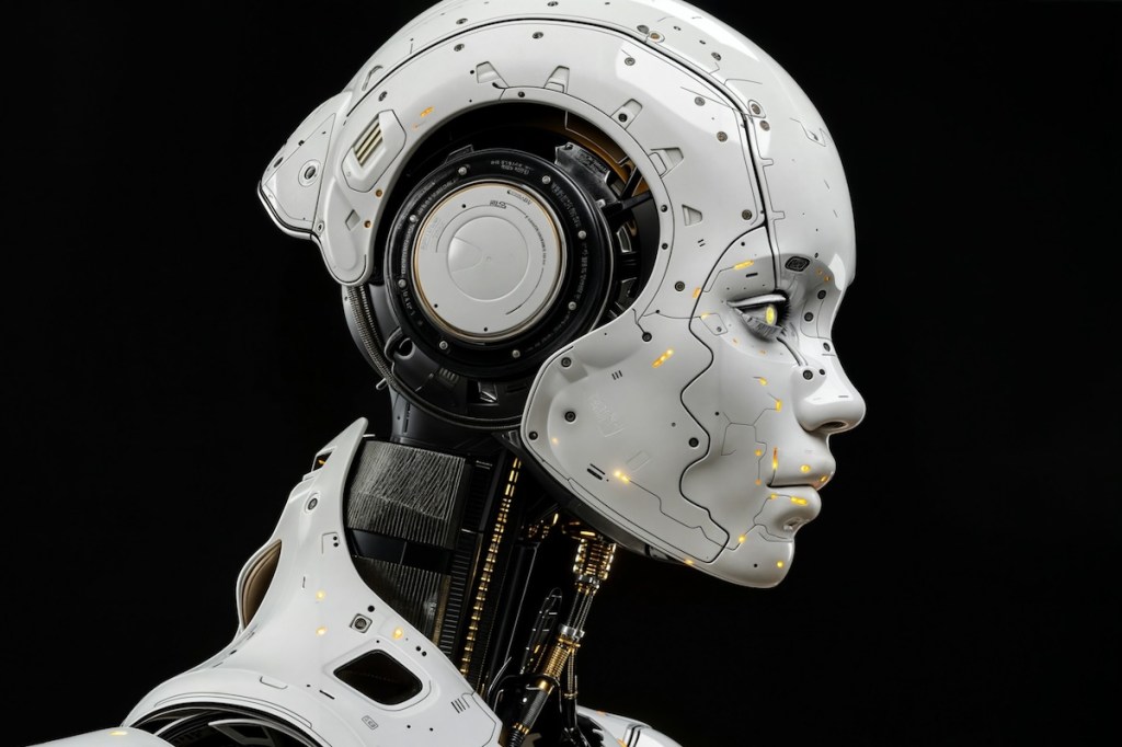 Side view of the face of a white humanoid robot on black background
