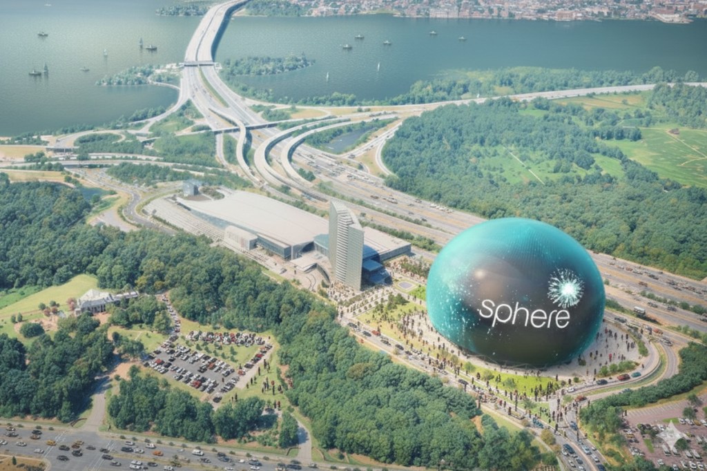 Rendering of large spherical venue close to a river, forest and highway.