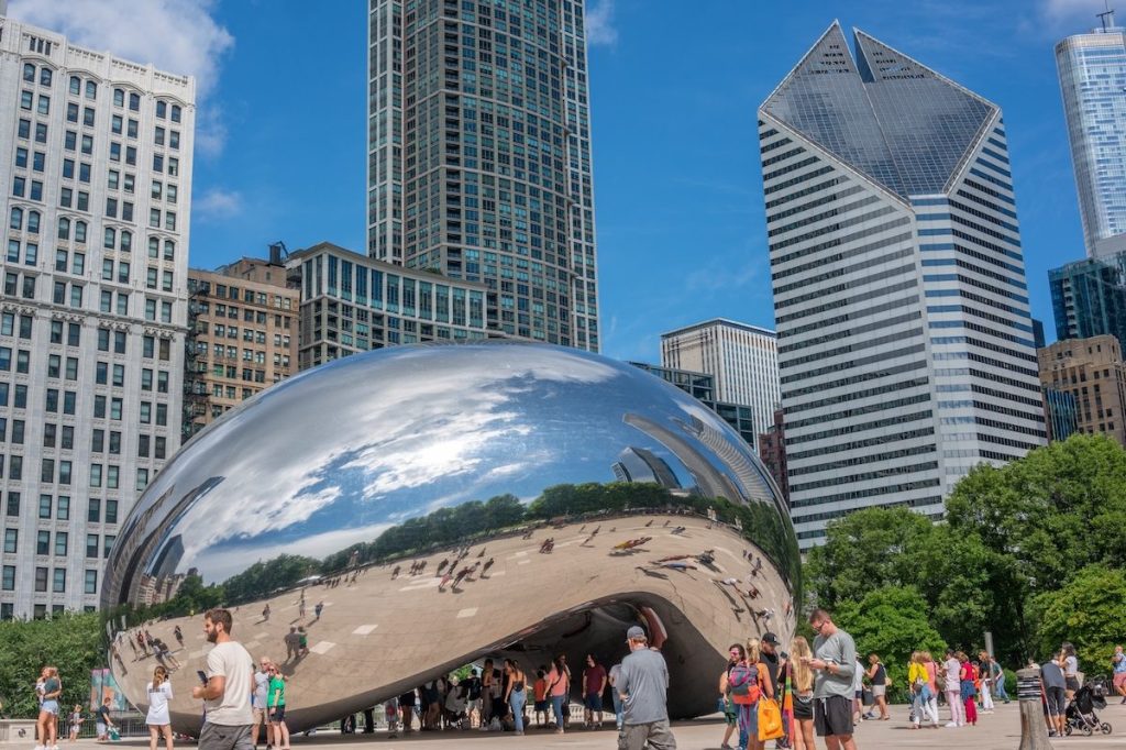 Chicago skyline with Bean in forefront